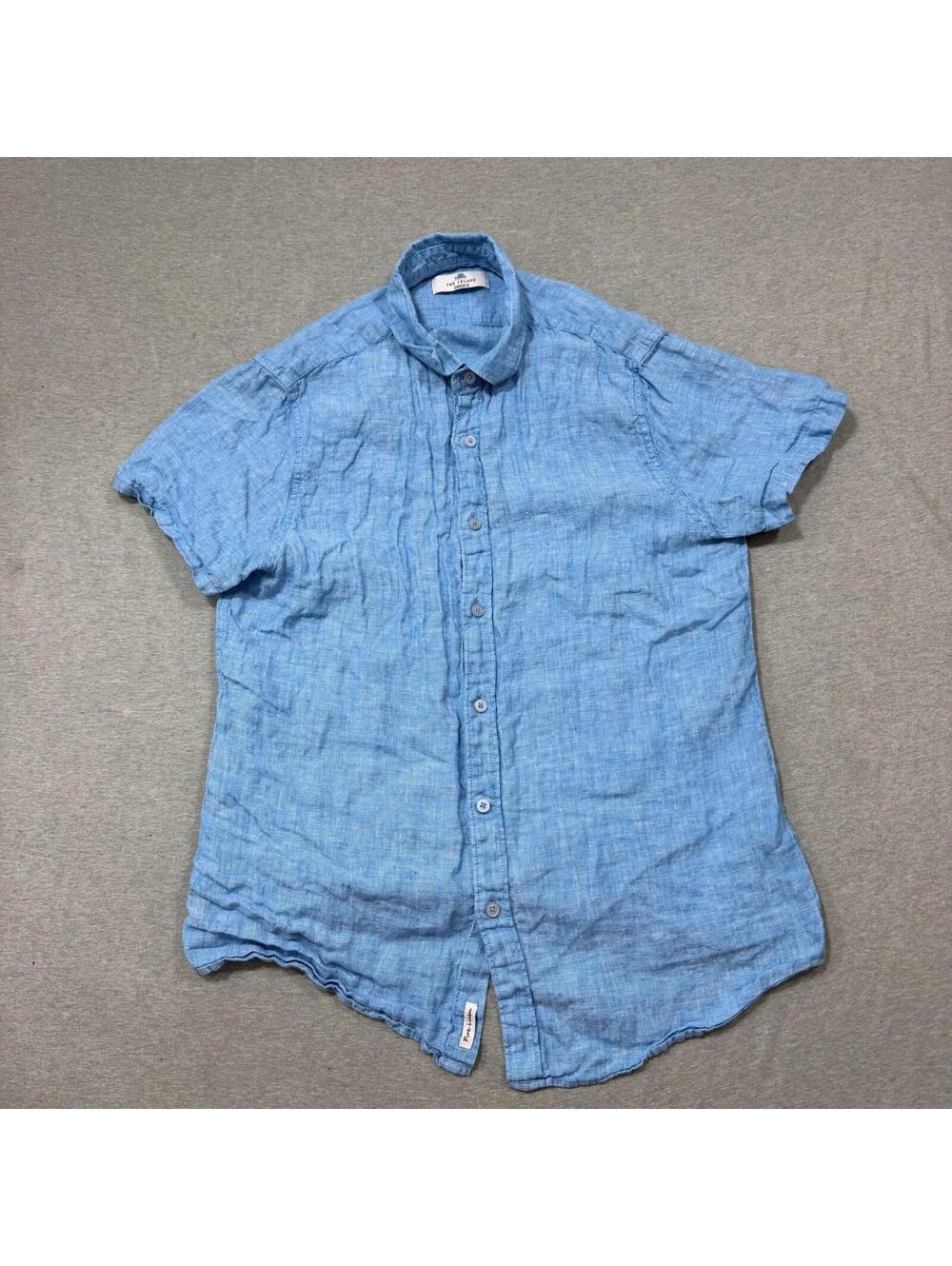 The Island Greece Shirt Mens Medium Blue 100% Pure Linen Button Up Summer